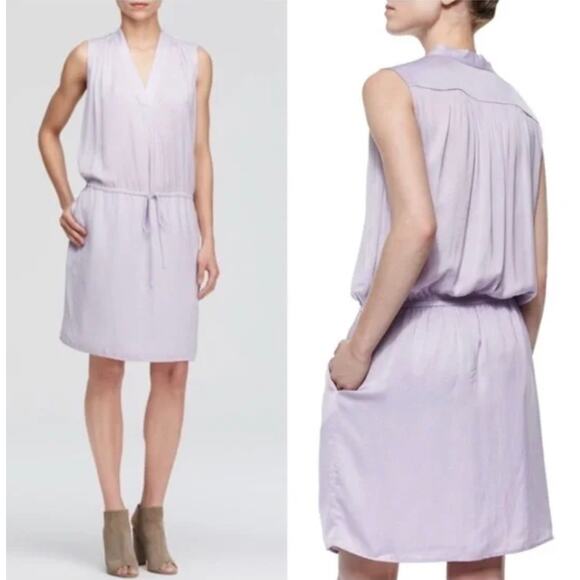 Vince Lilac Purple Satin Medium Sleeveless Dress Pockets Knee Length V-Neck - Picture 5 of 10